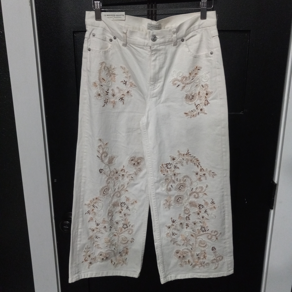 Zara The Western Culotte White Embroidered Boho Bohemiam Denim Jeans Size 36
